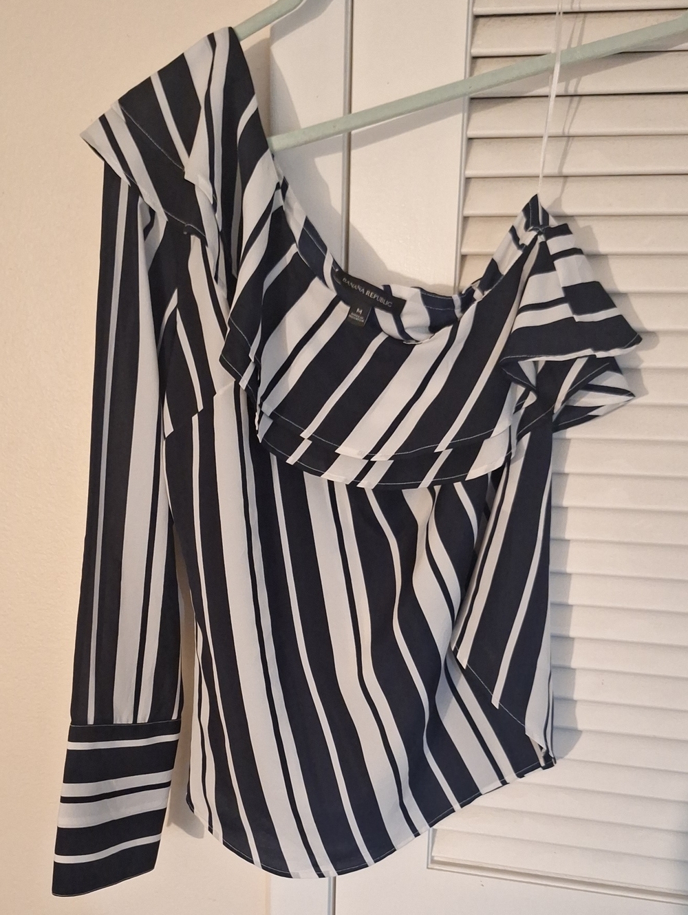 Banana Republic Navy and White One-Shoulder Ruffle Stripe Blouse